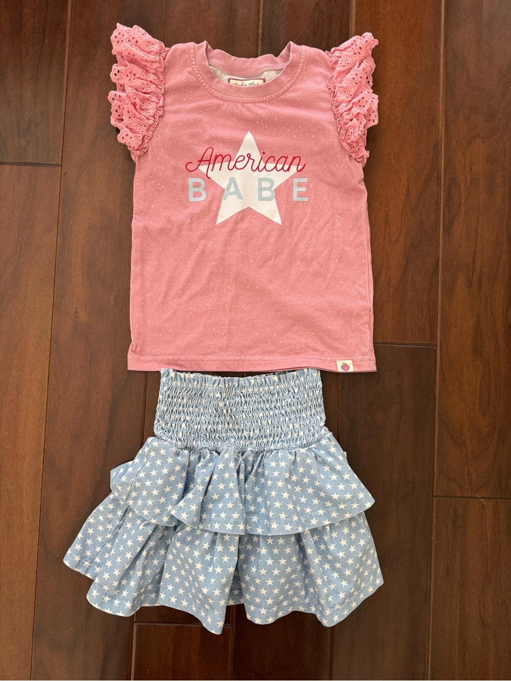 cheeky plum Pink Ruffle Sleeve "American Babe" Tee with Blue Star Tiered Skirt